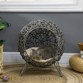 PawHut Rattan Elevated Cat Bed House Kitten Basket Ball Shaped Pet Furniture W Removable Cushion - Silver-Tone And Grey