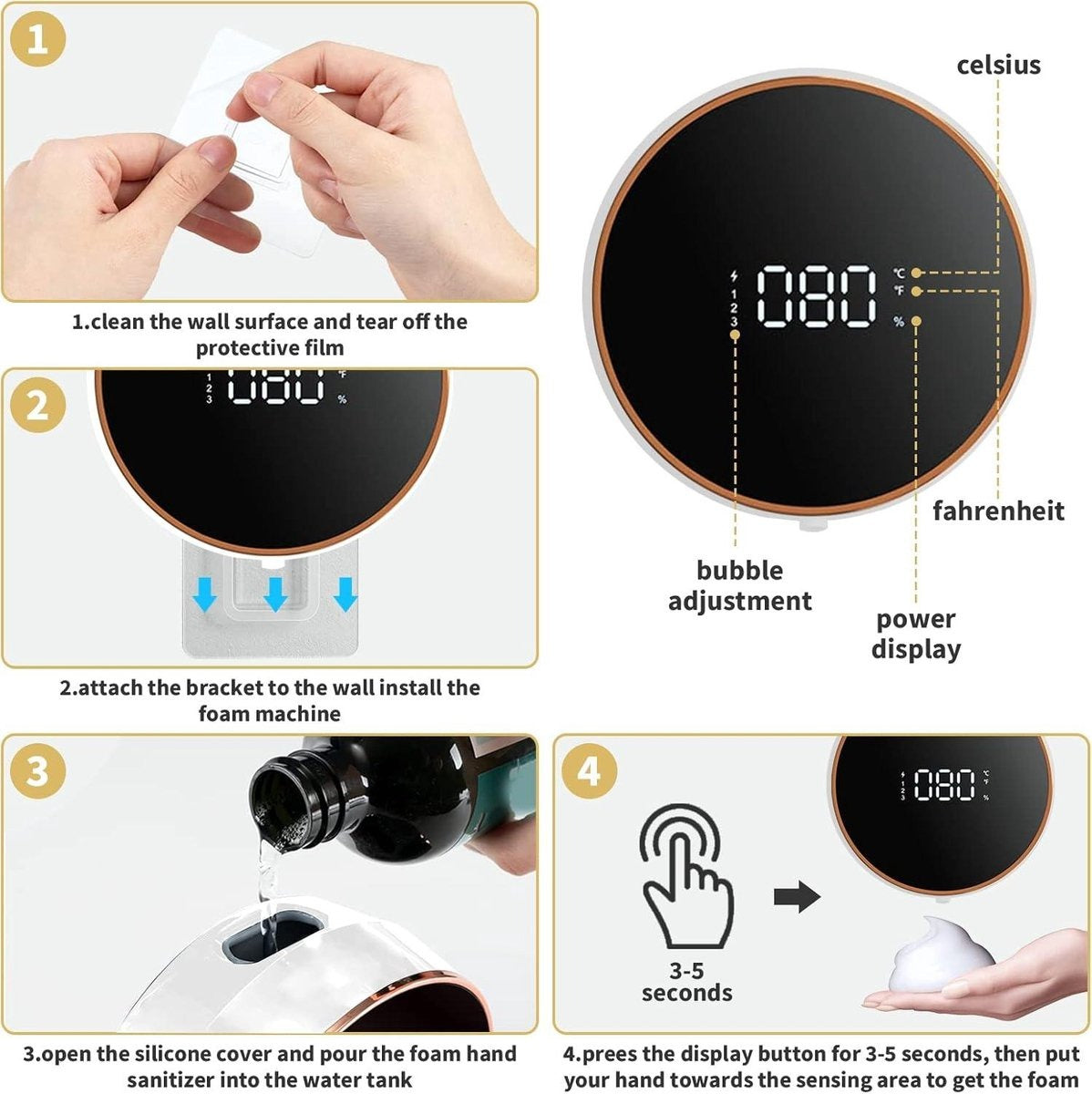 Automatic Induction Hand Sanitizer Machine Home Wall Mounted Foam Machine LED Temperature Display USB Rechargeable